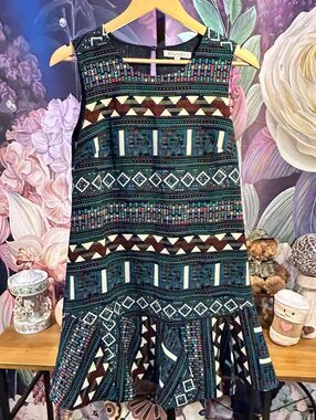 Joy Joy Small Fit & Flare Dress Multi-Color Geometric Tribal Pattern Sleeveless
